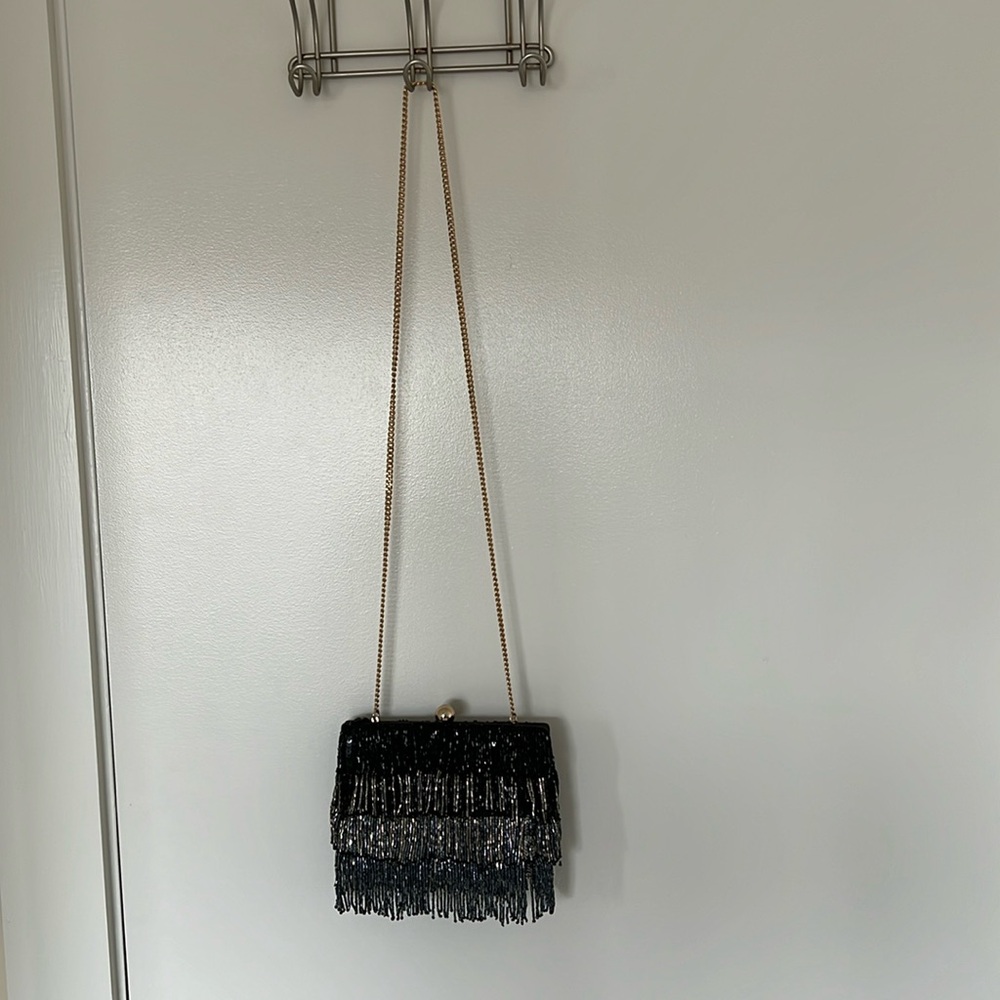 Anthropologie Black Beaded Fringe Crossbody Bag